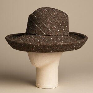 Vintage ML Studio Womens Tweed Brown Wide Brim Hat W/ Speckled Pattern